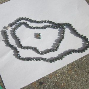 Dark green seed pearl necklace and earrings